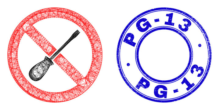 Network irregular mesh stop screwdriver tuning icon, and Pg-13 corroded round seal print. Abstract lines form stop screwdriver tuning object. Blue seal has Pg-13 title inside round form.