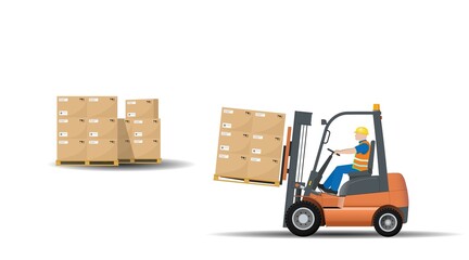 An industrial forklift with a driver transports pallets with boxes. Delivery, logistics and delivery of goods.