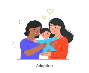 Kid adoption concept. Unconventional female couple adopts little baby. Foster parents with small smiling son. Happy mothers hold child in their arms. Cartoon contemporary flat vector illustration