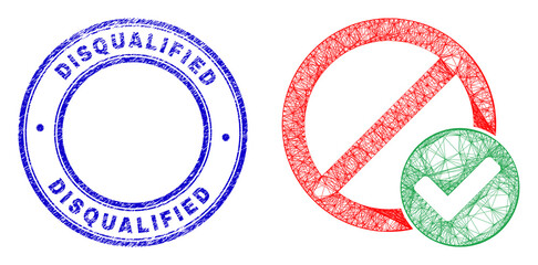 Network irregular mesh true reject icon with Disqualified dirty round stamp seal. Abstract lines form true reject object. Blue stamp seal has Disqualified caption inside round form.
