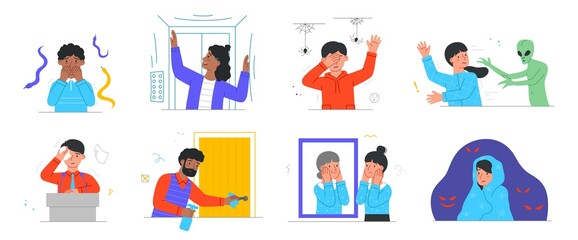 People with different phobias and fears. Men and women afraid of snakes, spiders and confined spaces. Psychological or mental problems. Cartoon flat vector collection isolated on white background