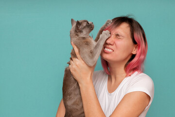 A domestic cat clutched the hair of a young woman with its paws