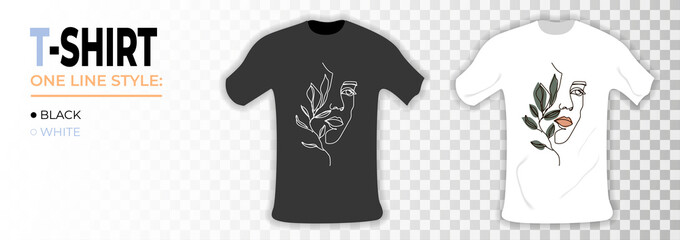 T-shirt mockup with woman one line face. One line art minimalistic. Girl with different plant, line drawing. Line face illustration, woman with flower on had.