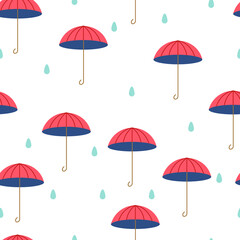 Cute and colourful vector umbrella seamless pattern with clouds and rain for kids clothing and paper products, textile and fabric print, suitable for wallpaper on white background