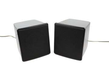 Obraz premium Small silver pc speakers with cables isolated on white background