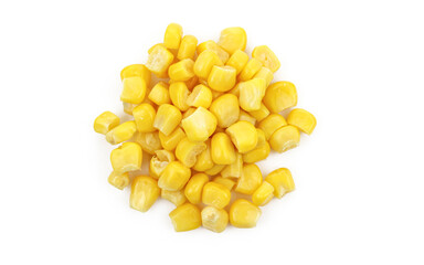 Pile of wet canned sweet corn isolated on white background. 