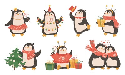 Vector set of funny Christmas penguins. New year cartoon illustration. Isolated objects on a white background.