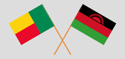 Crossed flags of Benin and Malawi. Official colors. Correct proportion