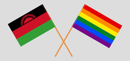 Crossed flags of Malawi and LGBTQ. Official colors. Correct proportion