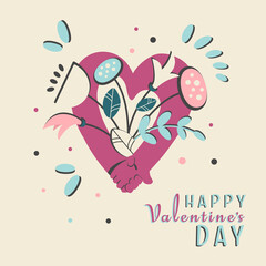 Valentine's Day greeting card in minimalism style. Lettering, Linear elements, plants, floral and hands for decoration design, Postcard, invitation. Romantic pink background. Vector illustration.