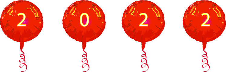 Happy New Years 2022 on red mylar balloons in a row on transparent background