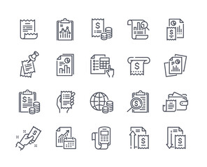 Financial Report icon set. Minimalistic stickers with receipts, tax forms and accounting. Income and expenses. Budget of family or company. Cartoon flat vector collection isolated on white background