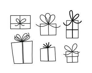 Vector set of doodle gift boxes with ribbon bow isolated on white background.