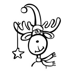 Christmas funny deer with star decoration and Santa hat. Moose with a black line on a white background. Animal cartoon character. Vector hand drawn illustration in line art style isolated.