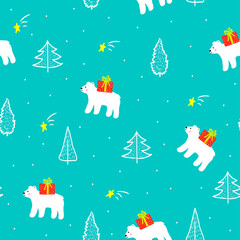 Christmas seamless pattern with white polar bear delivering giftbox,winter print for wrapping paper,pattern fills,interior and cover design,web page background, Christmas and New Year greeting cards.