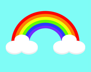 Rainbow in the bare sky with clouds. Graphic illustration. Clear weather after rain, summer season. Cartoon, colorful, bright character. Vector