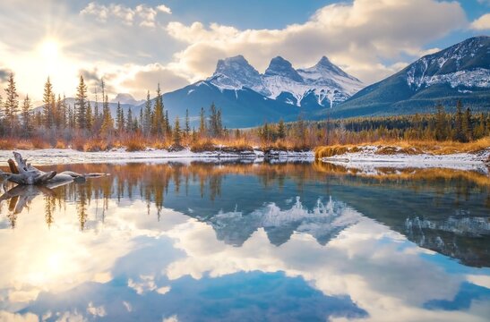 The Three Sisters Mountain Reflections On A Bright Snowy Day