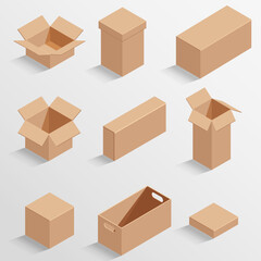 Vector isolated set of brown isometric empty boxes