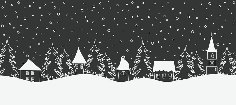 Winter background. Seamless border. There are white houses and fir trees on a black background. Winter village. Vector illustration