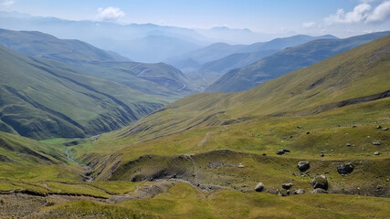 Panoramic view the a valley near the village of Roshka n the Greater Caucasus Mountain Range in...