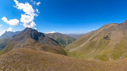 Panoramic view the a valley near the village of Roshka n the Greater Caucasus Mountain Range in...