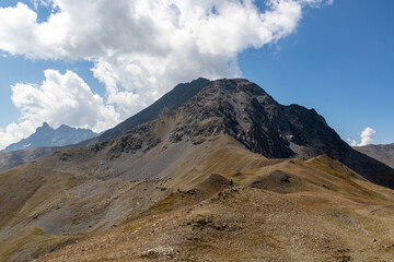A panoramic view on the sharp mountain peaks of the Chaukhi massif in the Greater Caucasus Mountain...