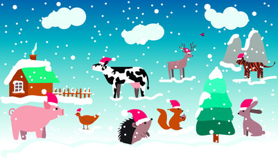 Winter Animals Set. Animals in Christmas hats (Santa hat): Tiger, Pig, Hen, Cow, Hen, Hedgehog, Squirrel, Deer and Rabbit with a Country House, a Fir-Tree, Clouds and Snow. Festive season vector. 8