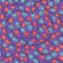 Winter Seamless pattern with cozy string lights garland in red and blue colors on dark purple background. Festive Christmas seasonal illumination for wrapping paper, decor design. Raster image. 