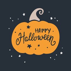 Pumpkin illustration and happy Halloween lettering