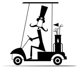 Funny long mustache man rides the golf cart illustration.
Cartoon long mustache gentleman in the top hat is going to play golf in the golf cart black on white

