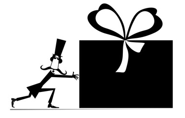 Mustache man in the top hat pushes a huge present box illustration. 
Long mustache gentleman in the top hat celebrating birthday or important event black on white
