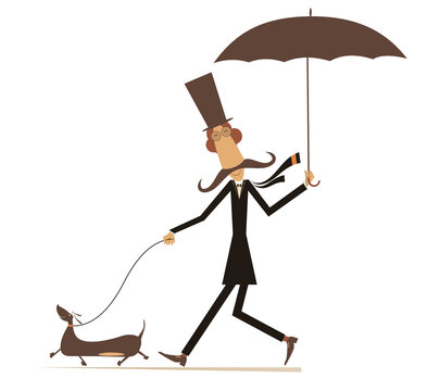 Funny long mustache with umbrella and dog illustration. Cartoon long mustache man in the top with umbrella walking with a dog isolated on white