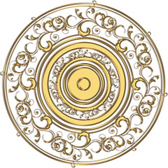 3D-image bright gold cenral ornament with curls and leaves for ceiling decoration