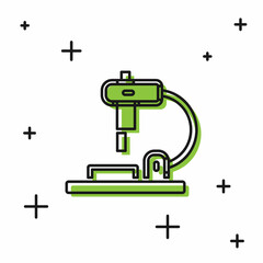 Black Microscope icon isolated on white background. Chemistry, pharmaceutical instrument, microbiology magnifying tool. Vector