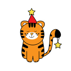 Cute cartoon striped tigers . Funny baby tiger on white background for Merry Christmas card