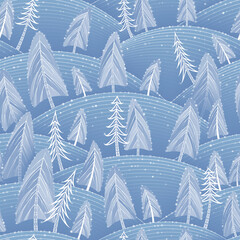 Obraz premium Vector seamless pattern with decorative Christmas trees, snow forest and snowflakes. New year design for textile, wrapping paper and other surface.