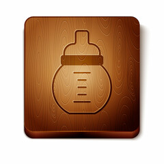 Brown Baby milk in a bottle icon isolated on white background. Feeding bottle icon. Wooden square button. Vector