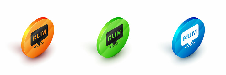 Isometric Alcohol drink Rum bottle icon isolated on white background. Circle button. Vector