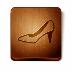 Brown Woman shoe with high heel icon isolated on white background. Wooden square button. Vector