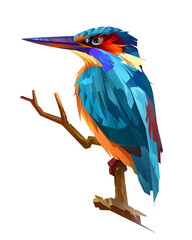 hand-drawn bright drawing kingfisher bird sitting on a branch - obrazy, fototapety, plakaty