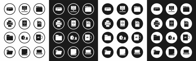 Set Document folder, User manual, Printer, Scotch, File document and binder clip, Computer with keyboard x mark, Coffee cup and icon. Vector