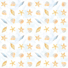 Watercolor sea seamless pattern of starfish, seashells, conch, peonies on an isolated white background. underwater world hand drawing, summer clipart. Postcards, packaging, fabric, design, textile.