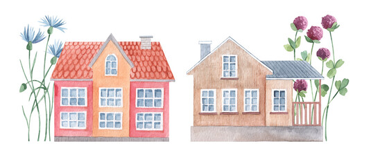 Watercolor cute rural house with flowers. Vintage houses and bright hand-drawn meadow florals. Illustration for postcard, poster, souvenir, kids cards, birthday, background, Greeting card, invitation.