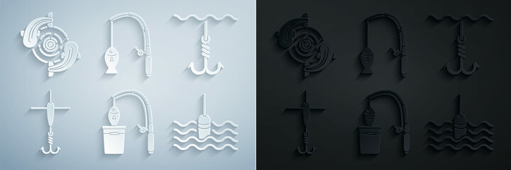 Set Fishing rod and fish, hook under water, float, and icon. Vector