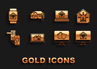 Set Laptop with smart house and alarm, Smart, Computer monitor home wi-fi, under protection, Digital door lock wireless technology for lock, watch and House temperature icon. Vector