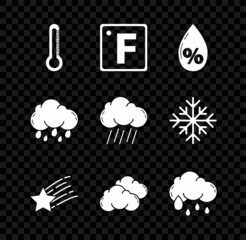 Set Thermometer, Fahrenheit, Water drop percentage, Falling star, Cloud, with rain, and icon. Vector