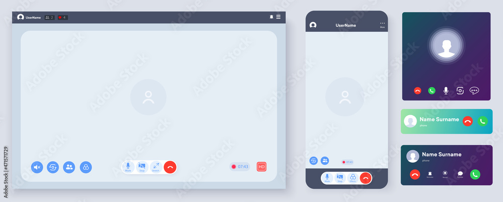 Aufkleber video conference user interface. mockup incoming call, voicemail screen, smartphone interface vector