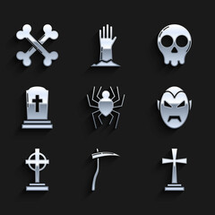 Set Spider, Scythe, Tombstone with cross, Vampire, Skull and Crossed bones icon. Vector