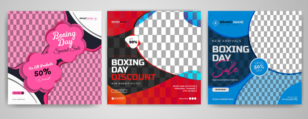 Bundle of three boxing day fashion cloth shoes sale sports gym fitness social media banner Pack template premium vector design 