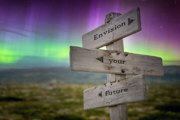 envision your future text quote on wooden signpost outdoors in nature with northern lights above. - obrazy, fototapety, plakaty